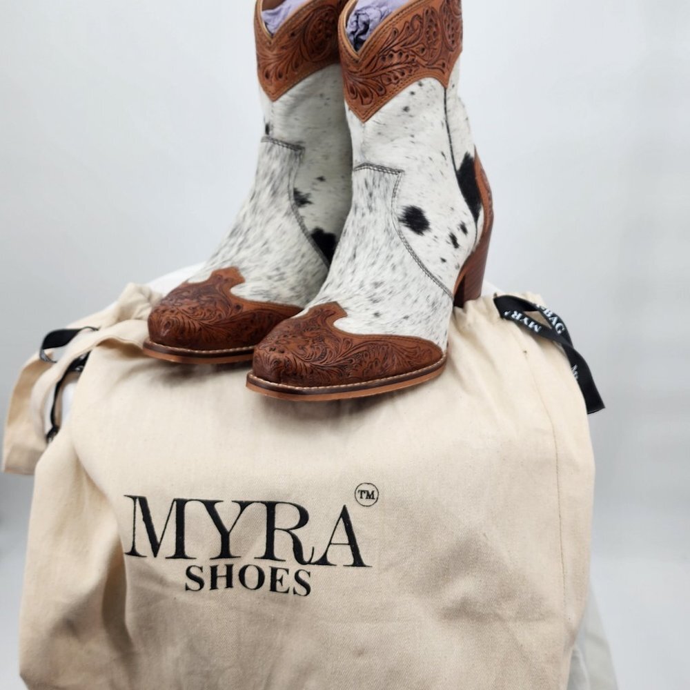 MYRA BAG Silverado Hair On Tooled Leather Shortie Cowboy Boots Size 6-11 NWT - Picture 13 of 13